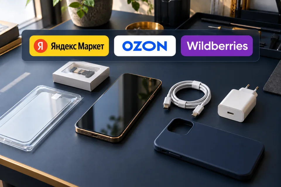 Смартфон, кабель USB-C, блок питания, чехол и защитное покрытие на столе мастерской