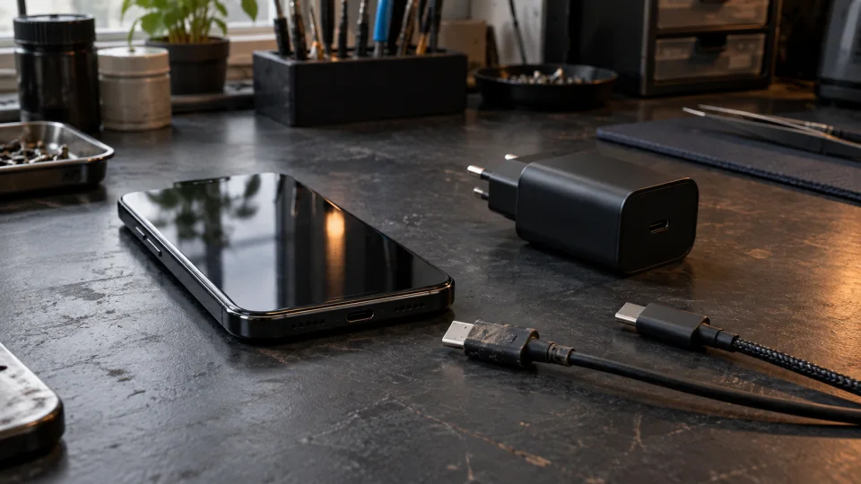 Смартфон с разъёмом USB-C, блок питания и два зарядных кабеля на рабочем столе