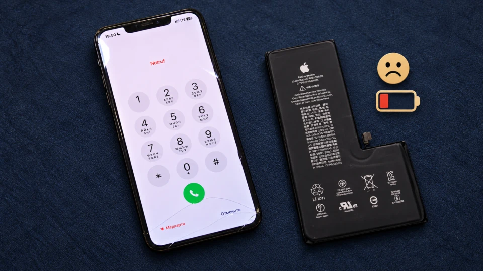 iPhone 11 Pro Max с трещиной на стекле по диагонали, отдельный аккумулятор и значки грустного лица и изношенной батареи