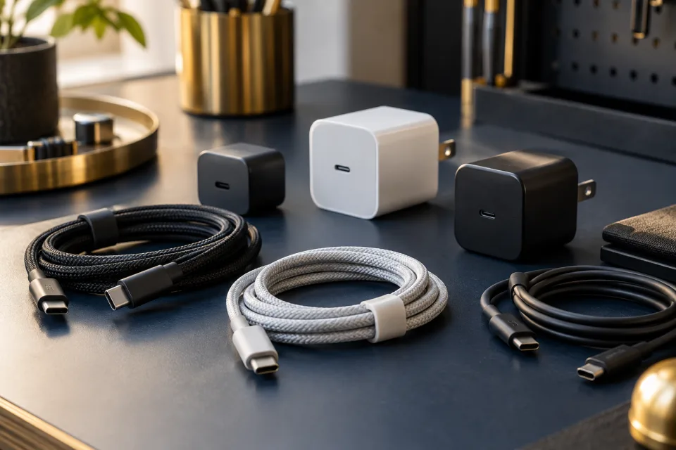 Кабели USB-C и блоки питания на рабочем столе мастерской